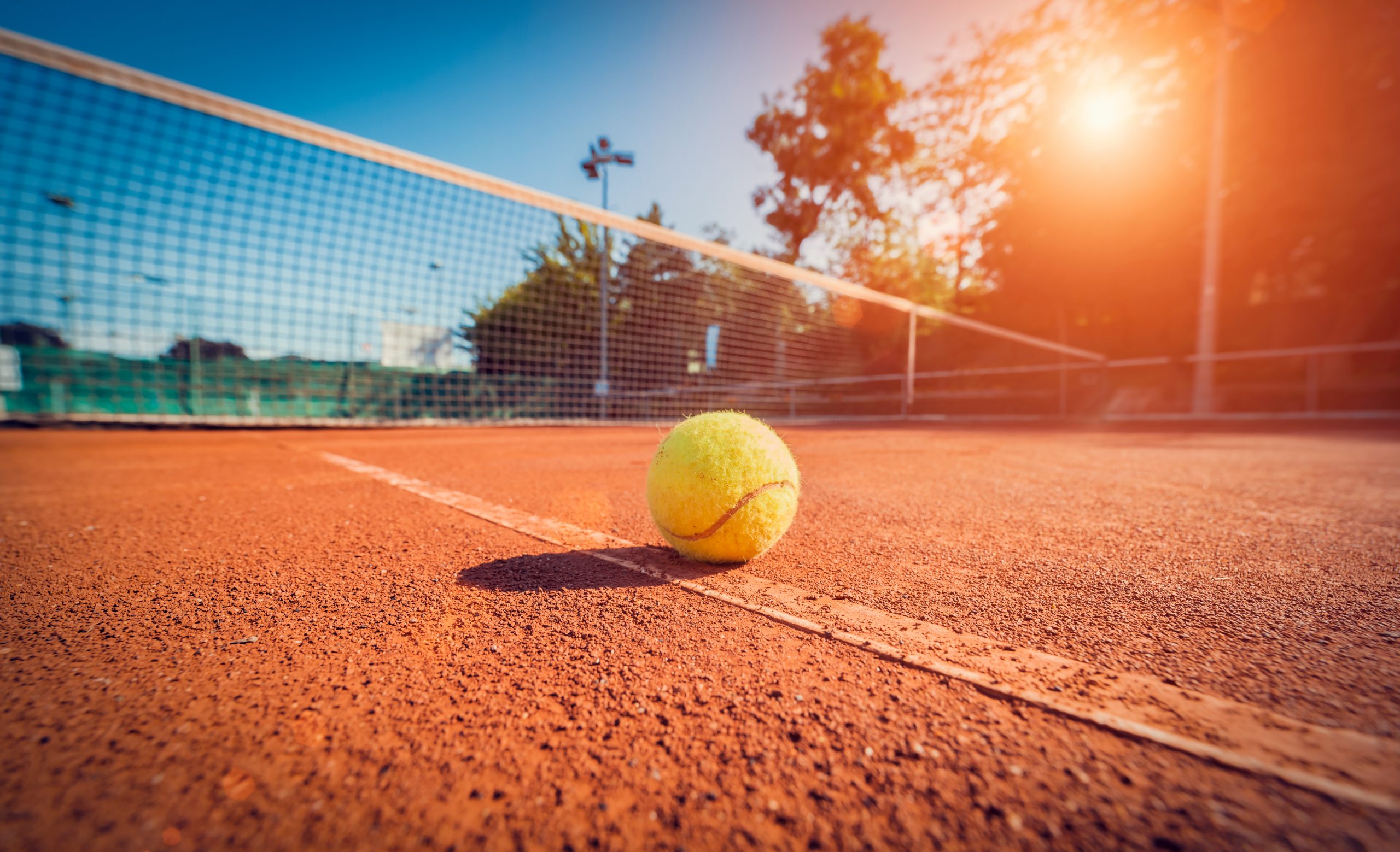 Wide angle close-up photograph of tennis ball on court during sunset. Competitive individual sports concept.